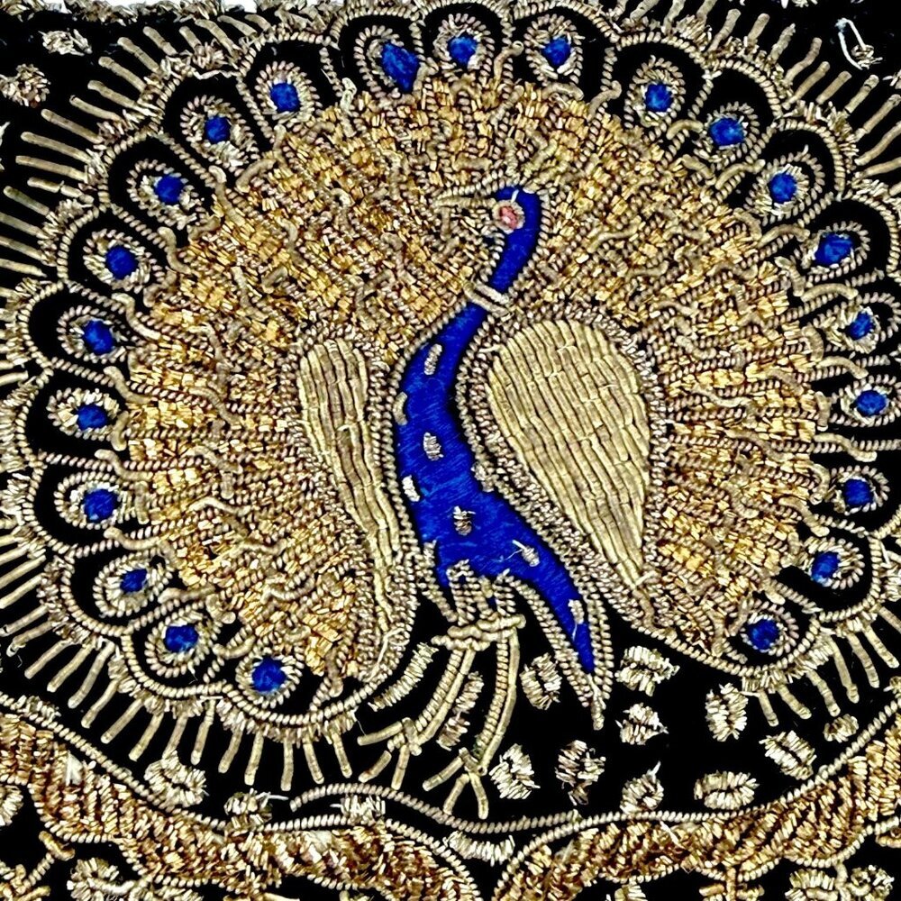 Vintage Black Velvet Peacock Gold Embroidered Beaded Floral Evening Bag Clutch - Picture 4 of 16